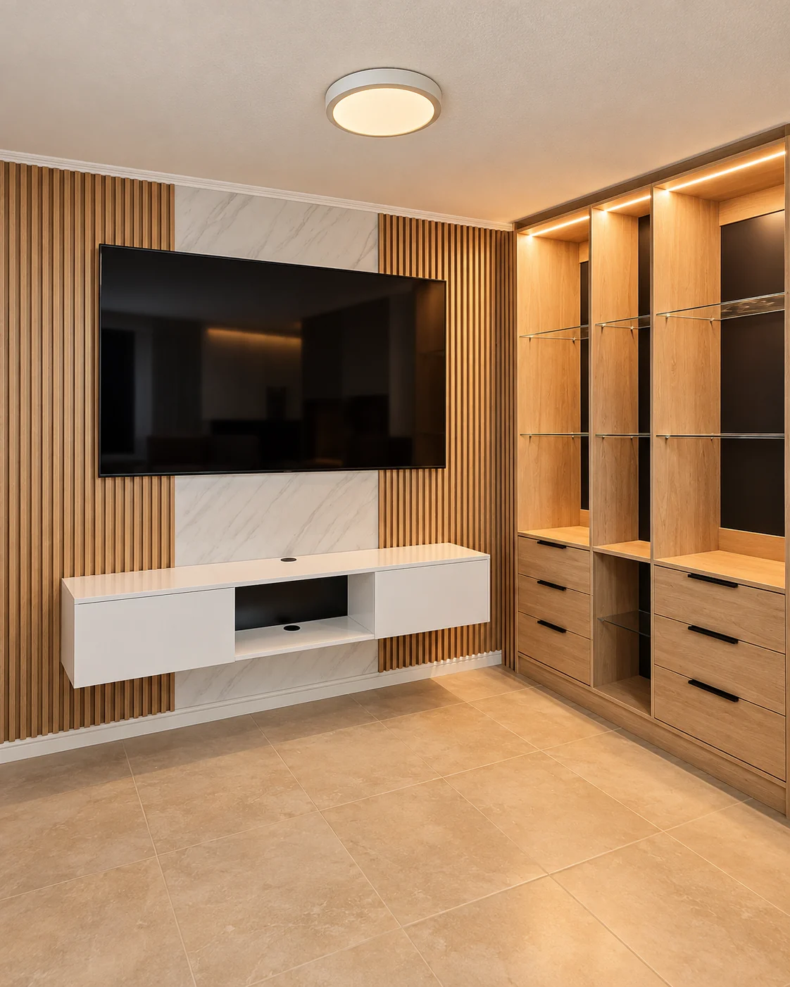 Mueble de TV blanco con panel de madera y clóset integrado